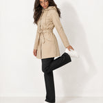 Beige Hooded Trench Coat Belted Button Front