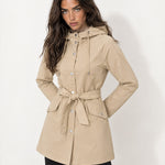 Beige Hooded Trench Coat Belted Button Front