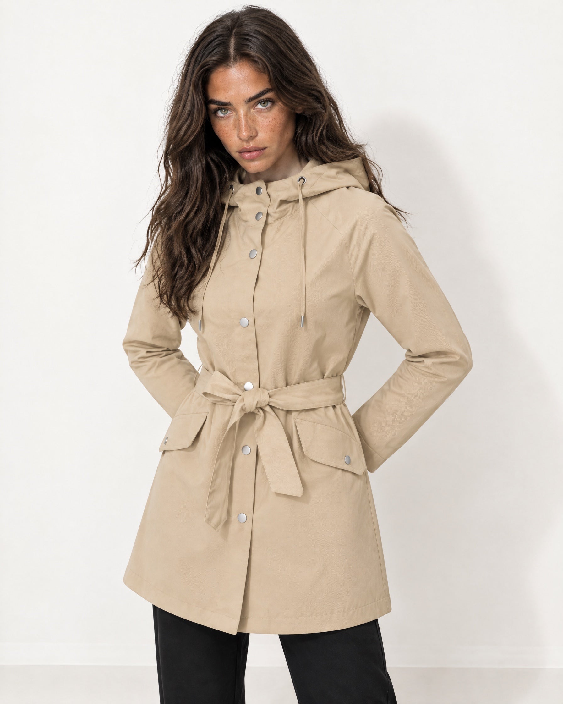 Beige Hooded Trench Coat Belted Button Front