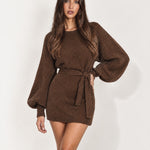 Brown Jumper Dress Belted Mini with Balloon Sleeves