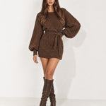 Brown Jumper Dress Belted Mini with Balloon Sleeves