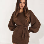 Brown Jumper Dress Belted Mini with Balloon Sleeves
