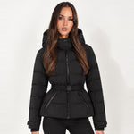 Black Belted Puffer Jacket Hooded Fitted