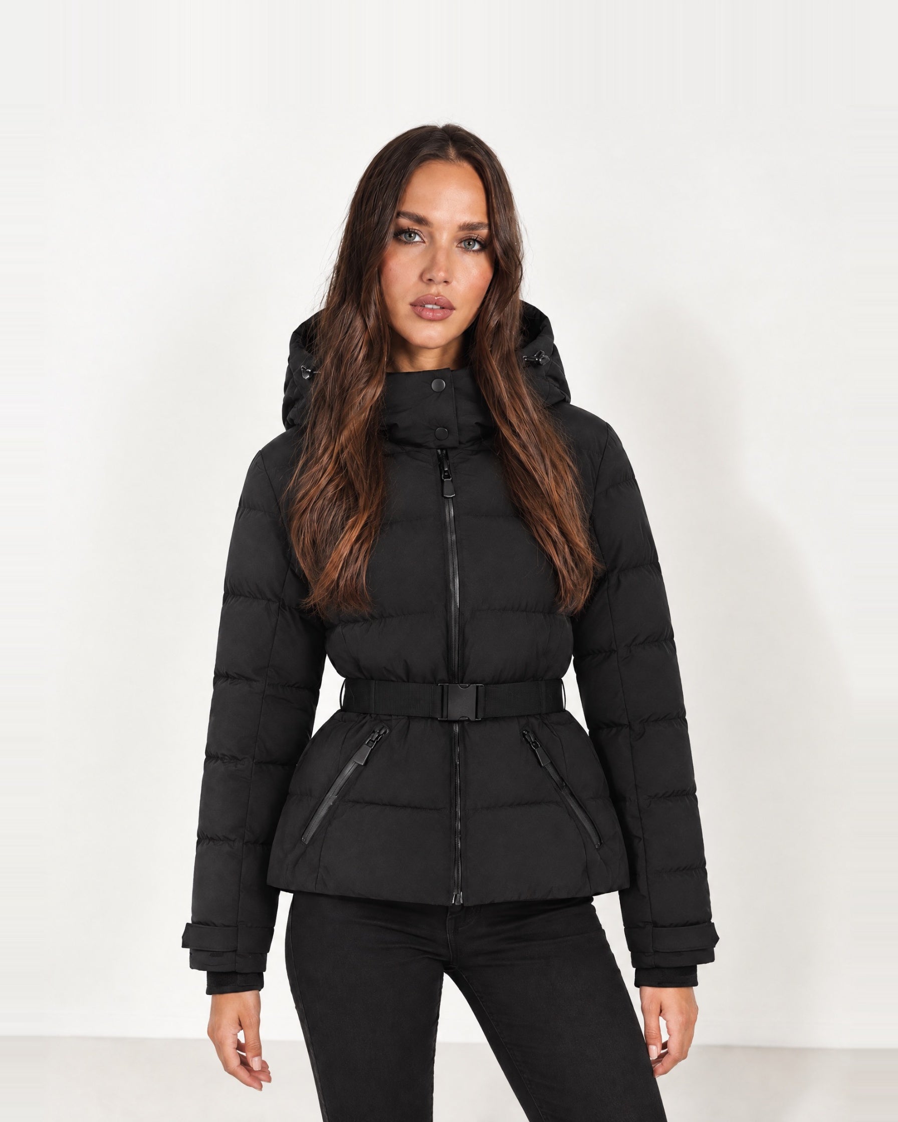 Black Belted Puffer Jacket Hooded Fitted