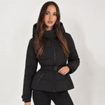 Black Belted Puffer Jacket Hooded Fitted