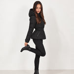 Black Belted Puffer Jacket Hooded Fitted