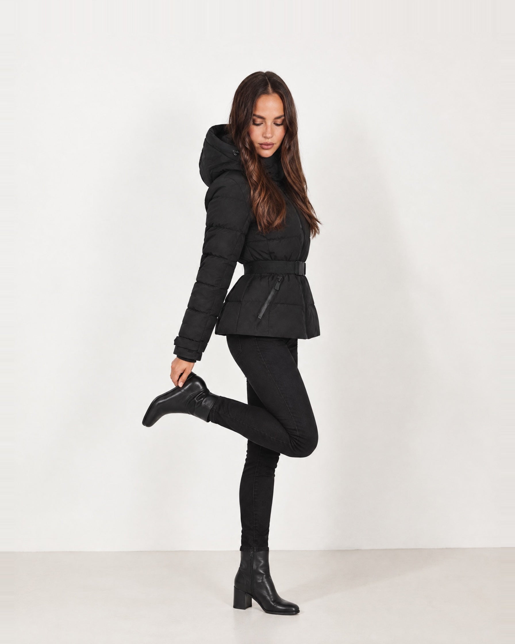 Black Belted Puffer Jacket Hooded Fitted