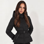 Black Belted Puffer Jacket Hooded Fitted