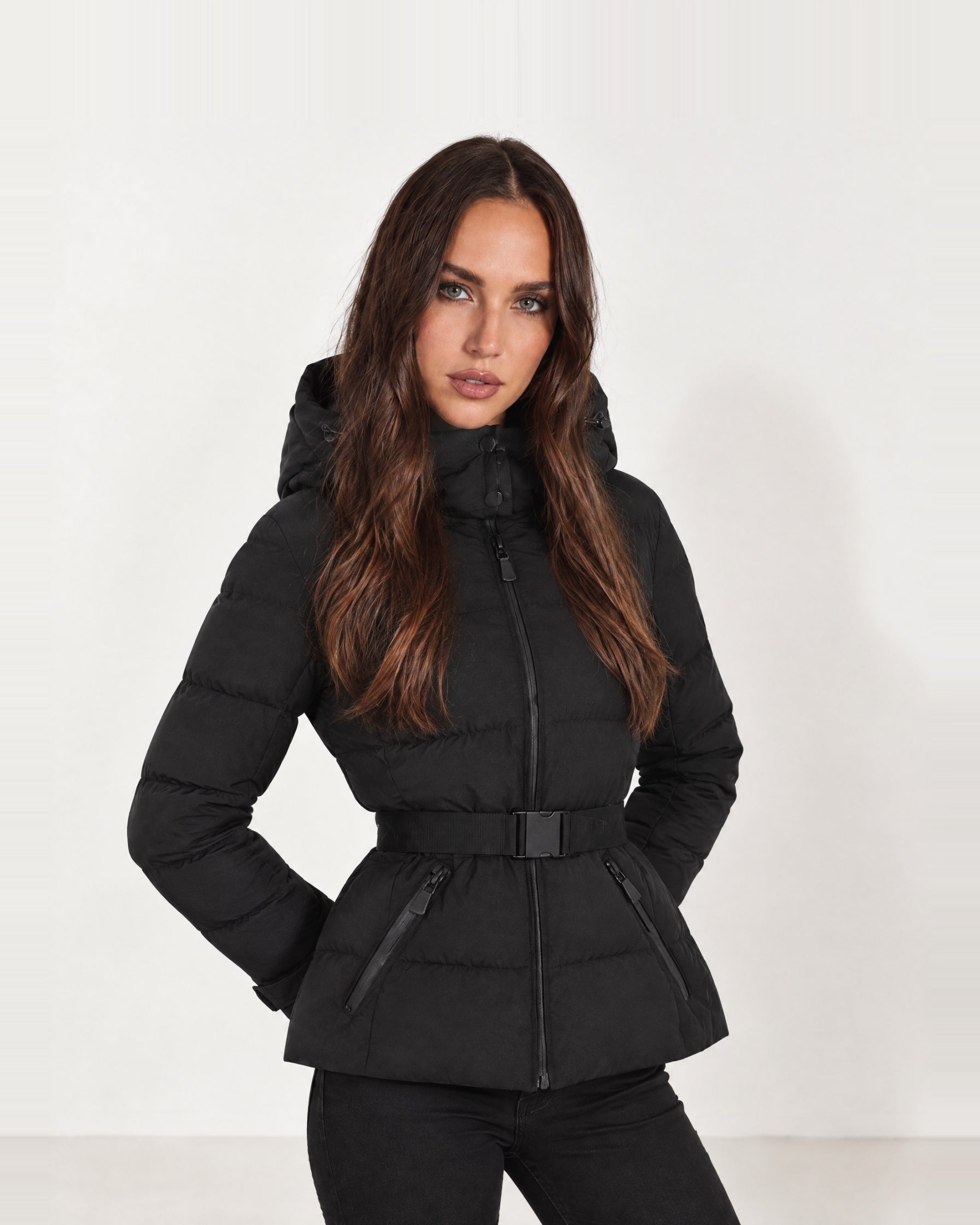 Black Belted Puffer Jacket Hooded Fitted