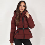 Burgundy Belted Puffer Jacket Hooded Fitted