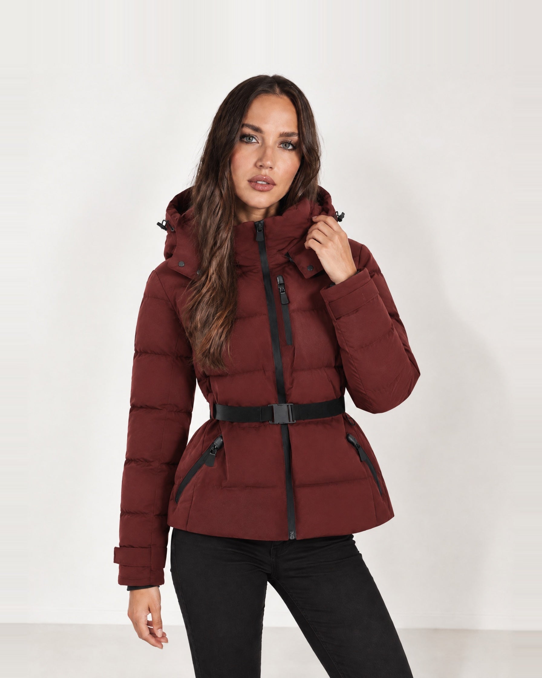 Burgundy Belted Puffer Jacket Hooded Fitted