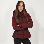 Burgundy Belted Puffer Jacket Hooded Fitted