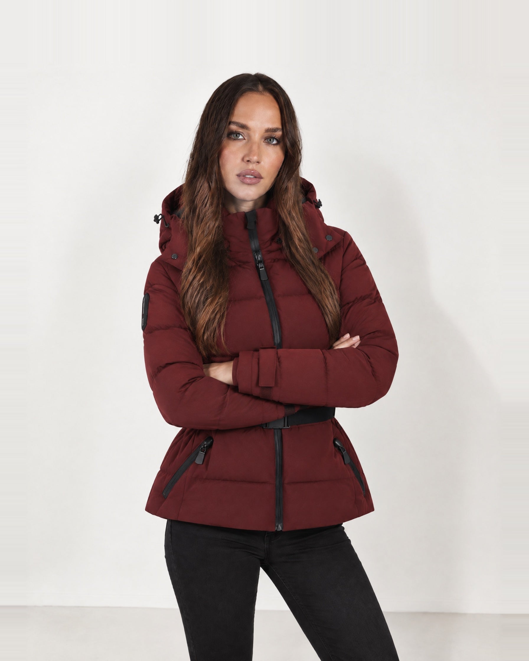 Burgundy Belted Puffer Jacket Hooded Fitted