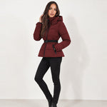 Burgundy Belted Puffer Jacket Hooded Fitted