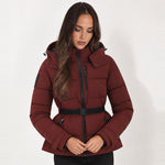 Burgundy Belted Puffer Jacket Hooded Fitted