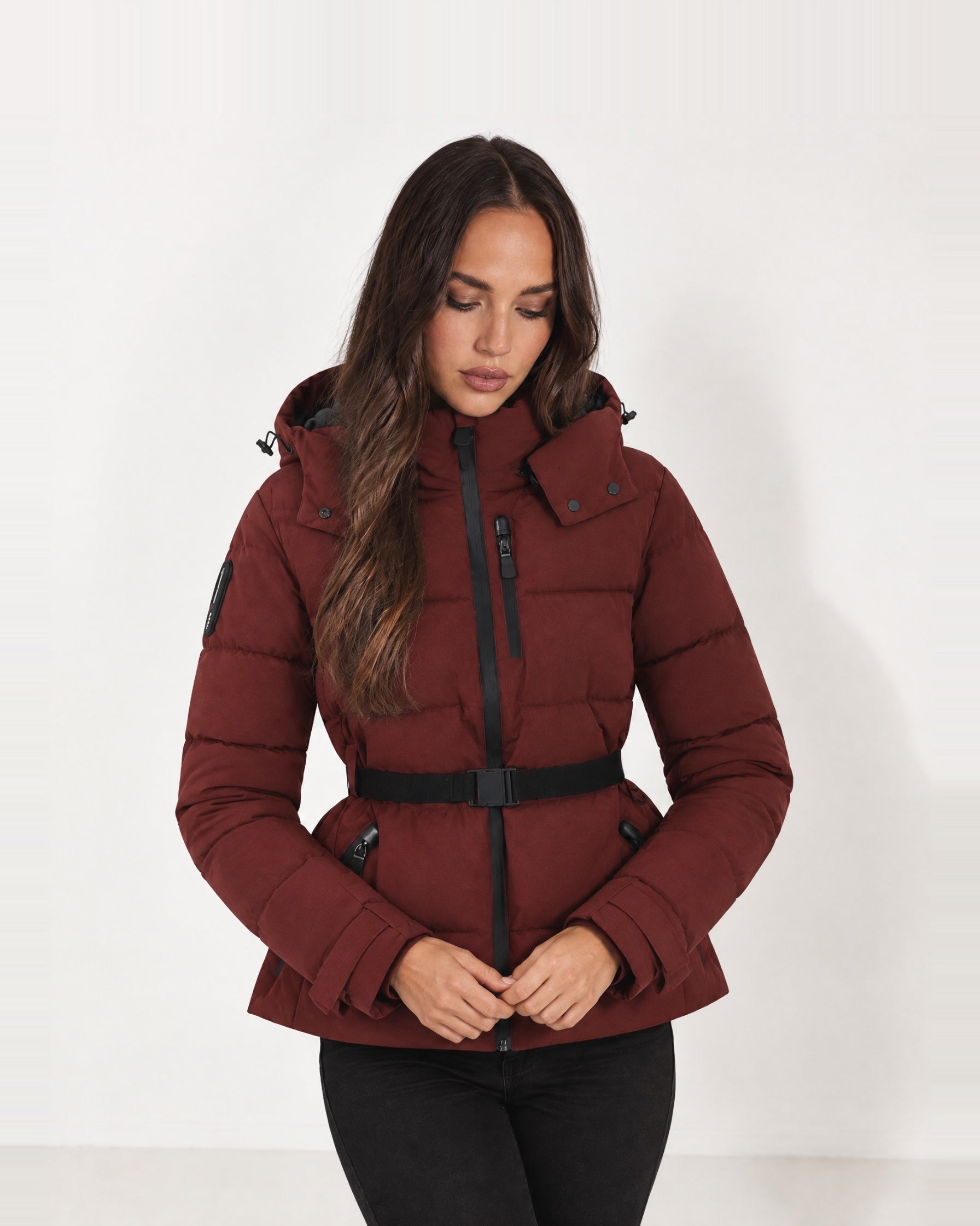 Burgundy Belted Puffer Jacket Hooded Fitted