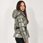 Silver Belted Puffer Jacket Hooded Fitted