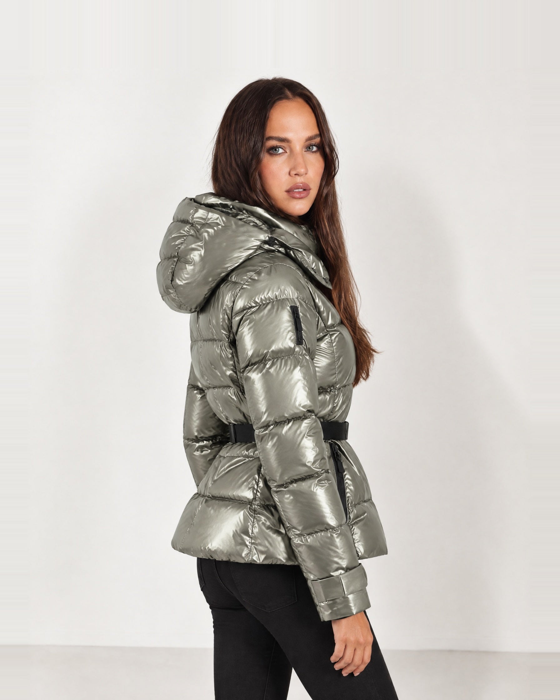 Silver Belted Puffer Jacket Hooded Fitted