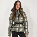 Silver Belted Puffer Jacket Hooded Fitted