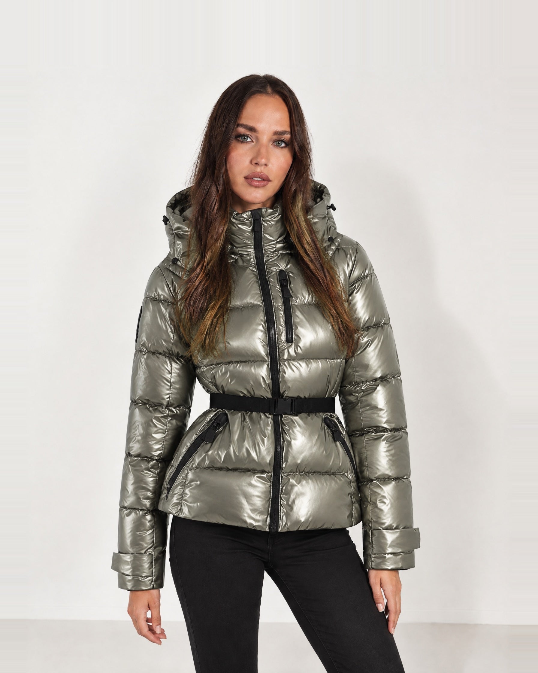Silver Belted Puffer Jacket Hooded Fitted