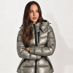 Silver Belted Puffer Jacket Hooded Fitted