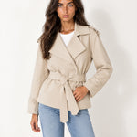 Beige Short Trench Coat Belted Double Breasted
