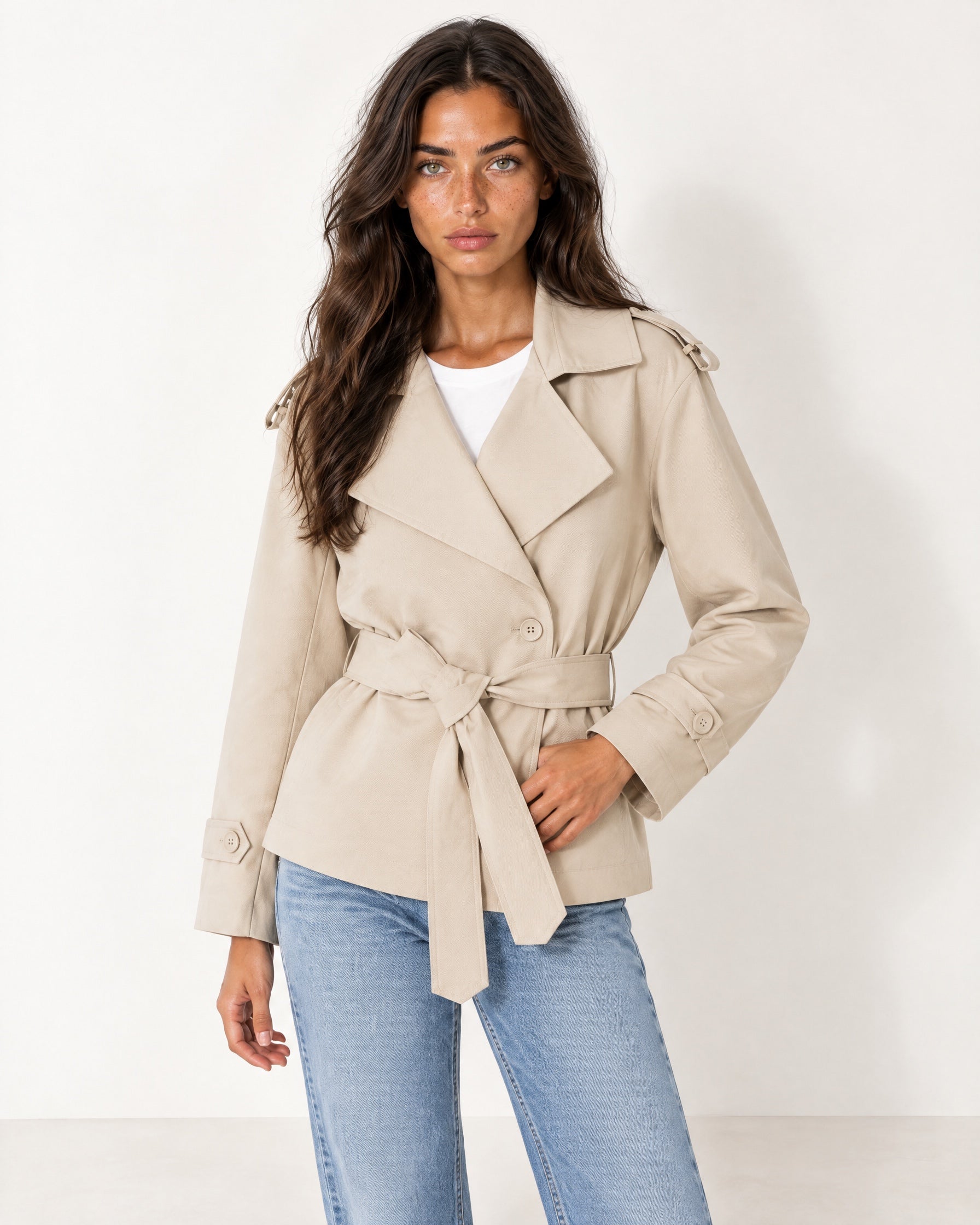Beige Short Trench Coat Belted Double Breasted