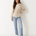 Beige Short Trench Coat Belted Double Breasted