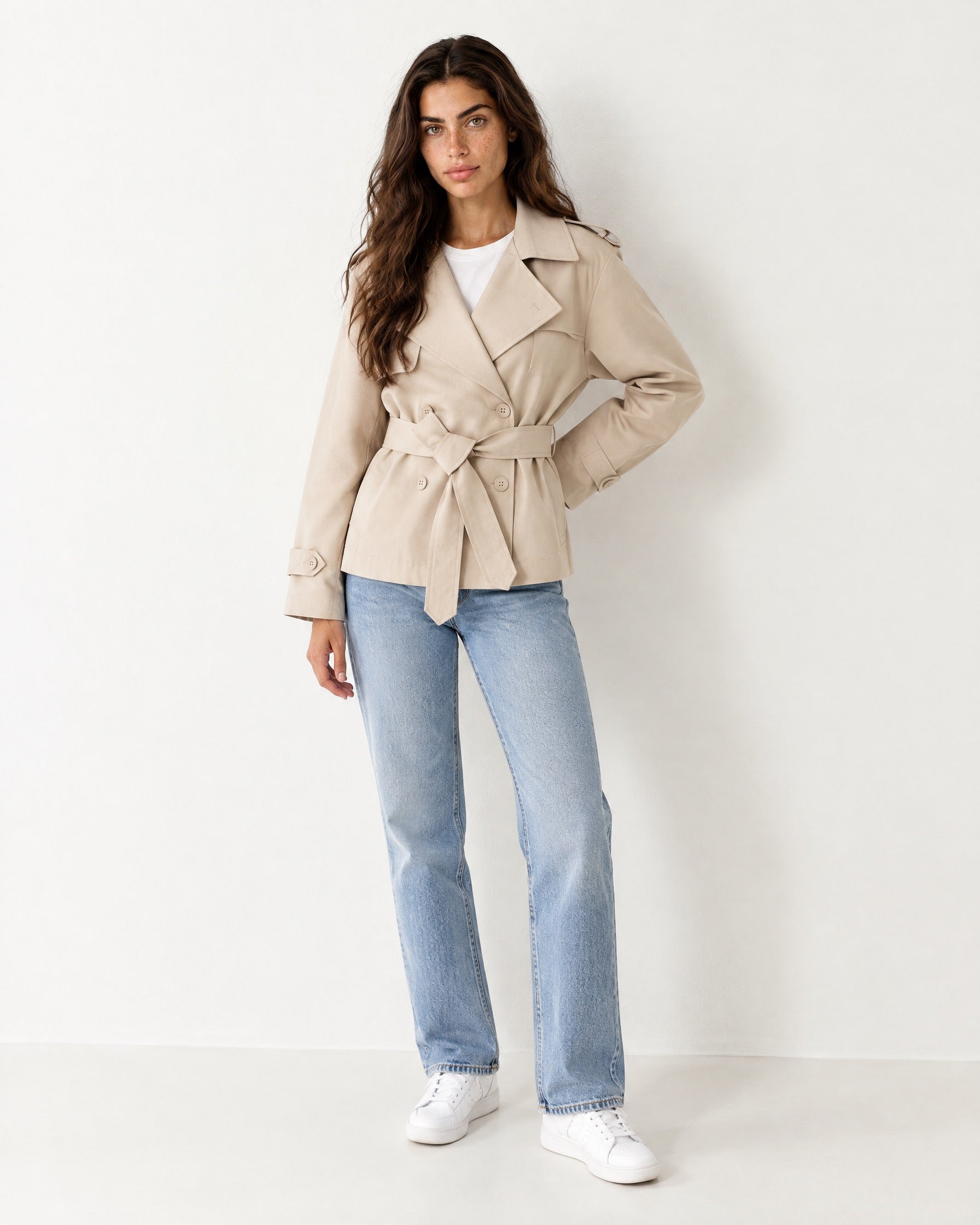 Beige Short Trench Coat Belted Double Breasted