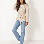 Beige Short Trench Coat Belted Double Breasted