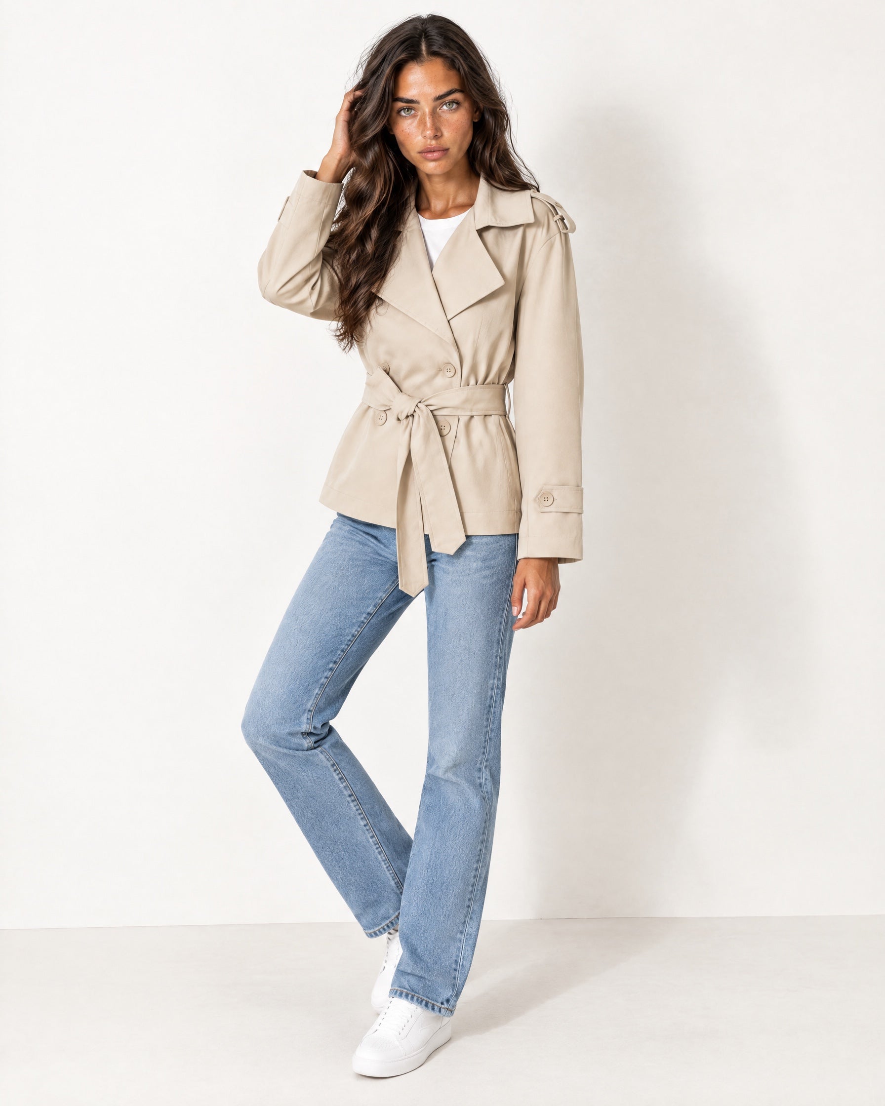 Beige Short Trench Coat Belted Double Breasted