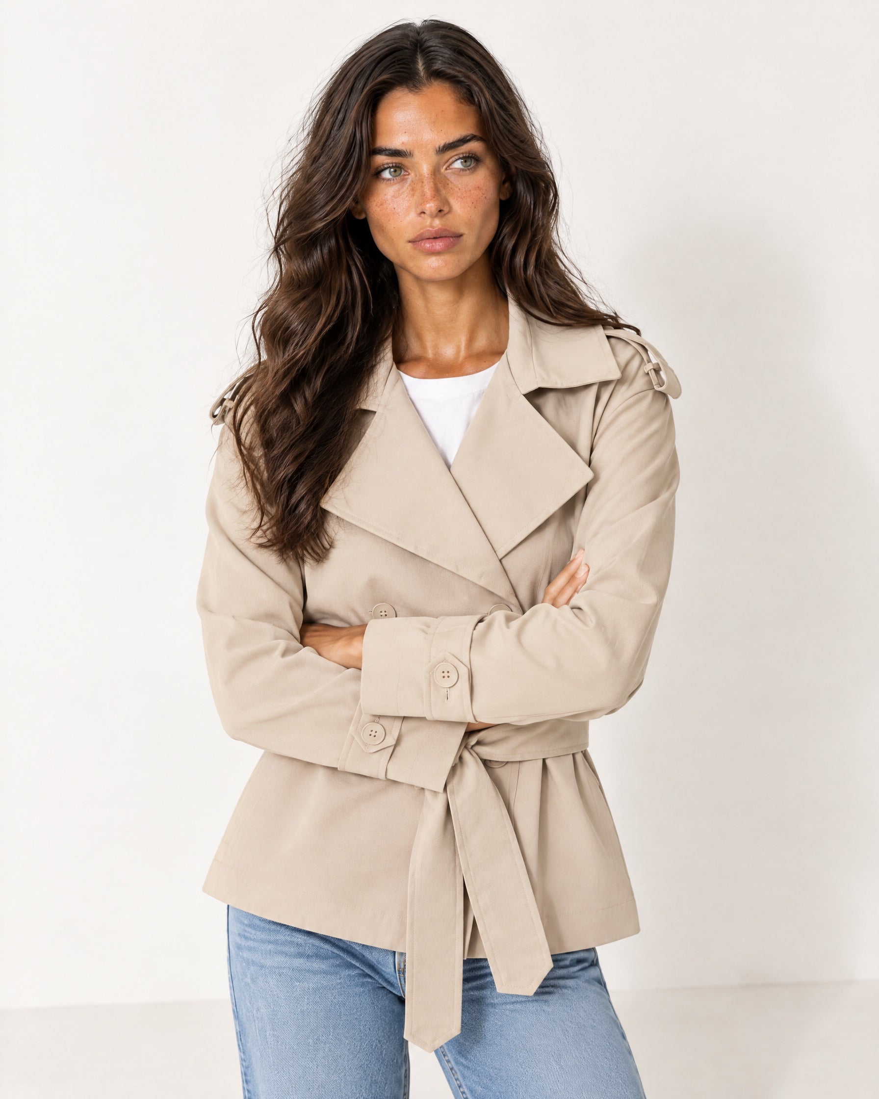 Beige Short Trench Coat Belted Double Breasted