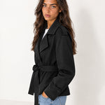 Black Short Trench Coat Belted Double Breasted