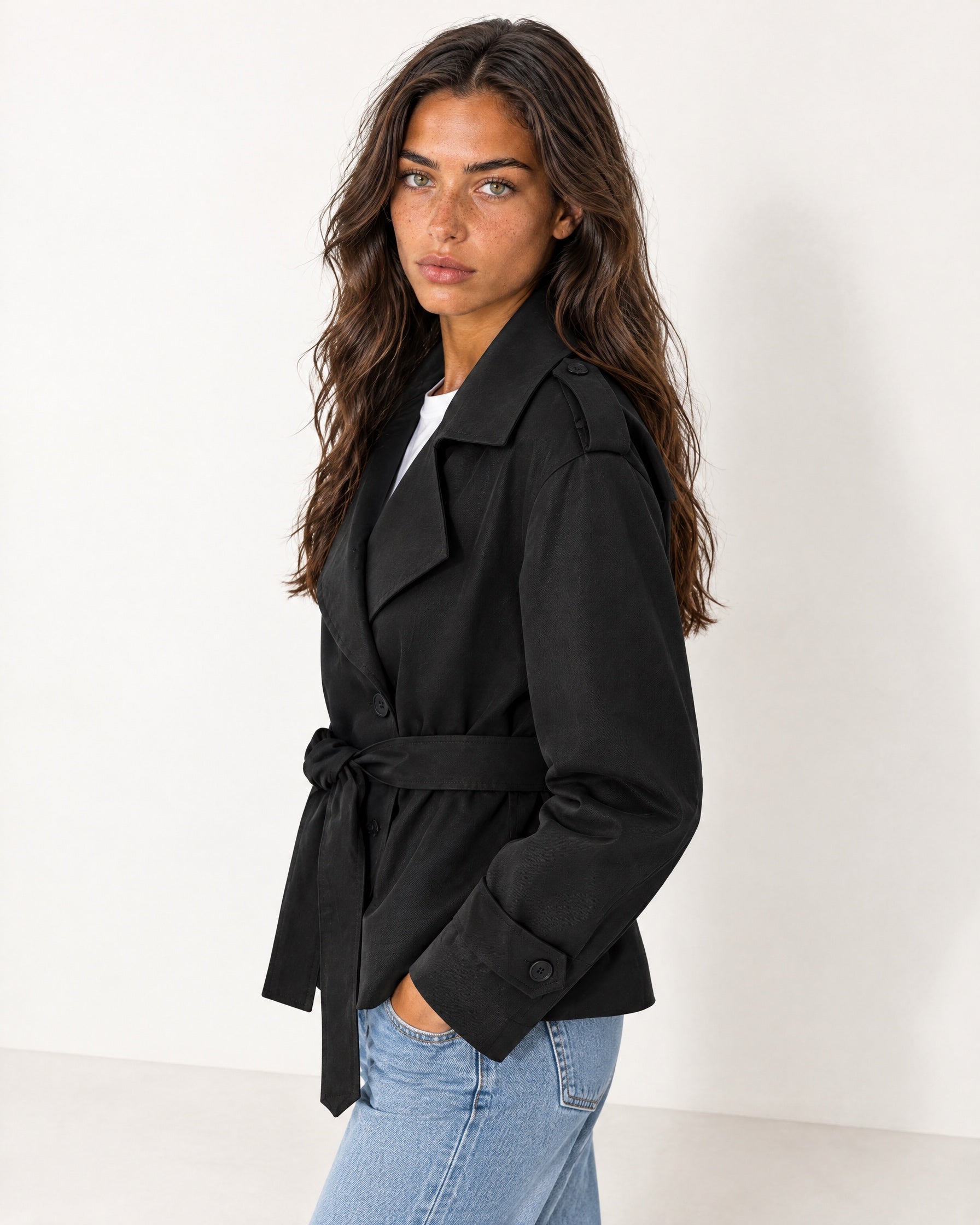 Black Short Trench Coat Belted Double Breasted