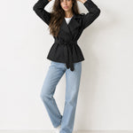 Black Short Trench Coat Belted Double Breasted