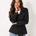Black Short Trench Coat Belted Double Breasted