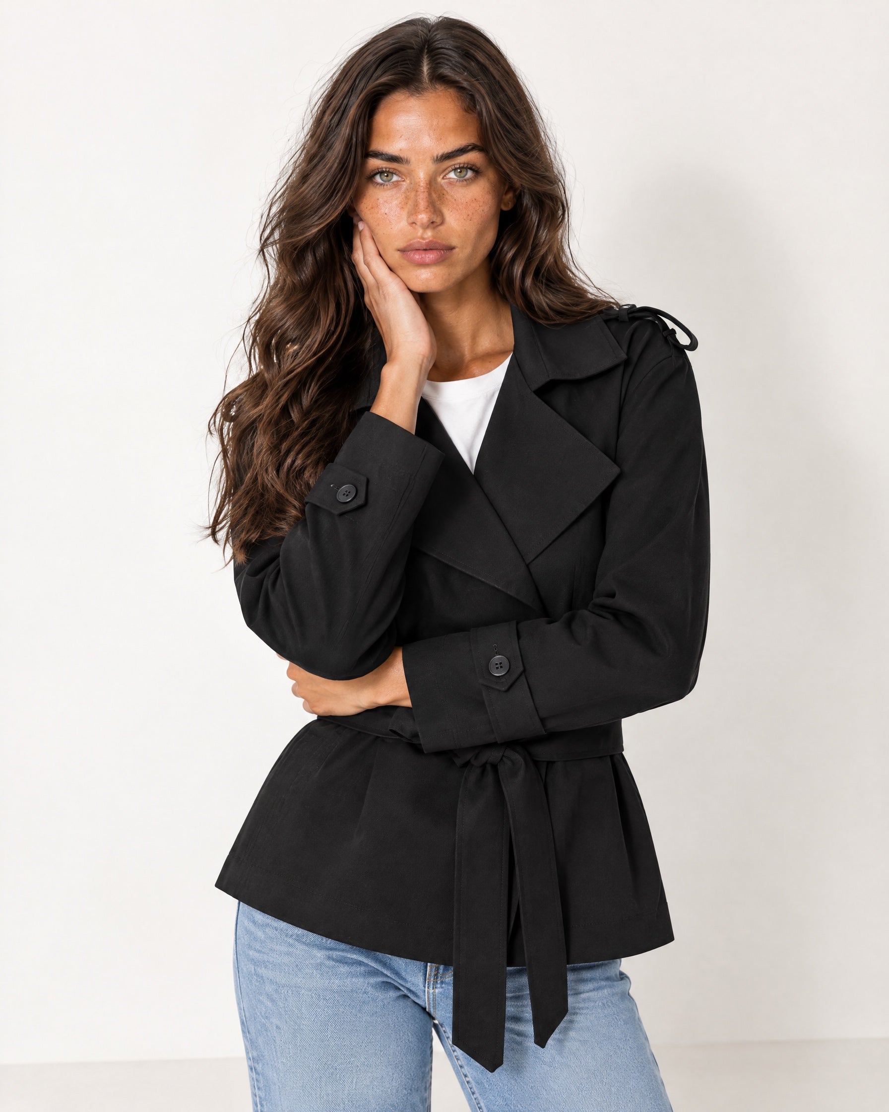 Black Short Trench Coat Belted Double Breasted