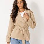 Camel Short Trench Coat Belted Double Breasted