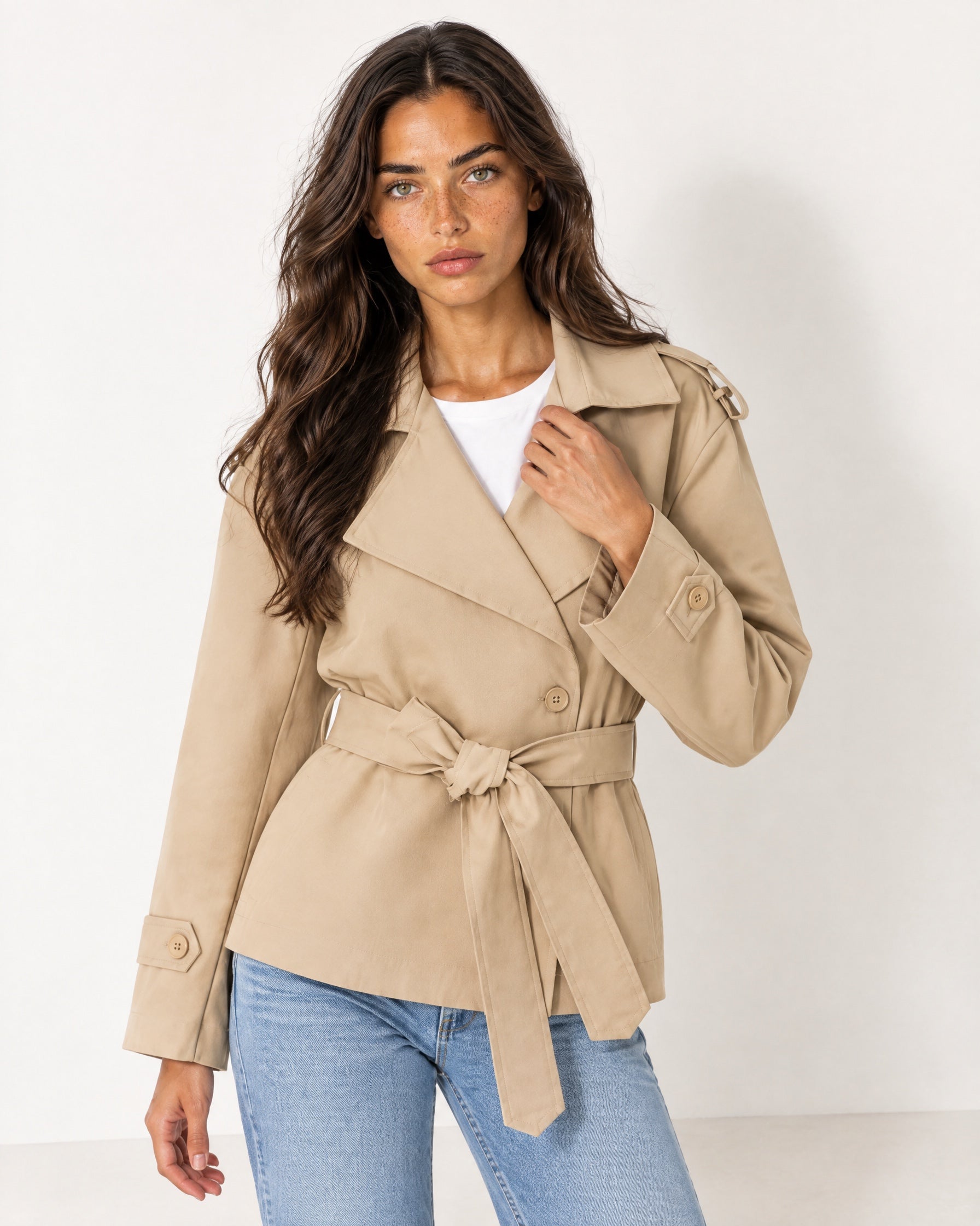 Camel Short Trench Coat Belted Double Breasted