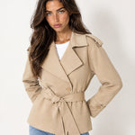 Camel Short Trench Coat Belted Double Breasted