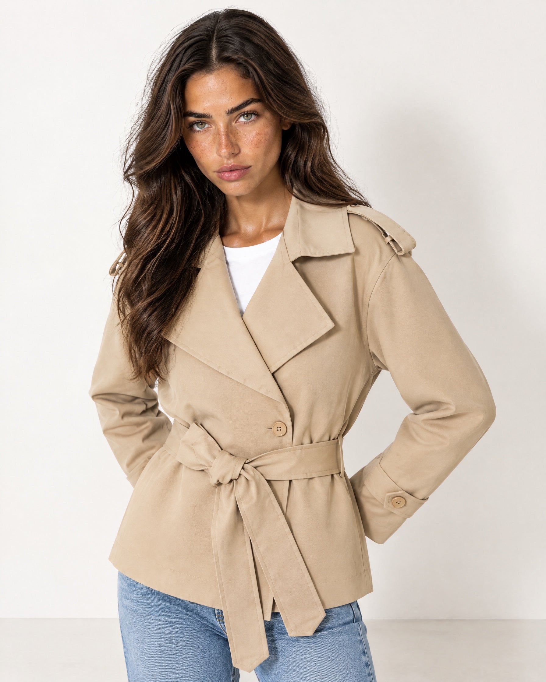 Camel Short Trench Coat Belted Double Breasted