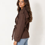 Dark Brown Short Trench Coat Belted Double Breasted