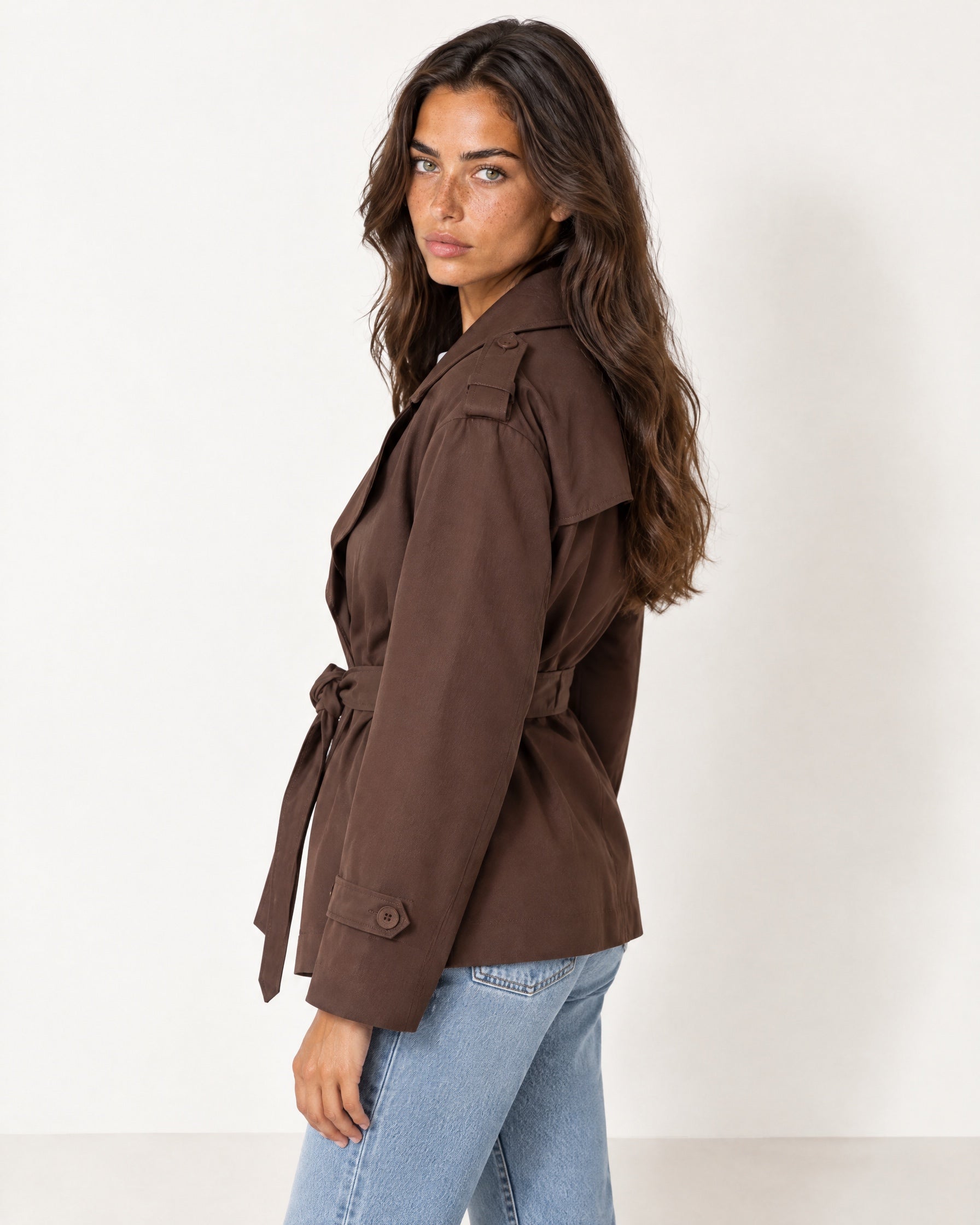 Dark Brown Short Trench Coat Belted Double Breasted