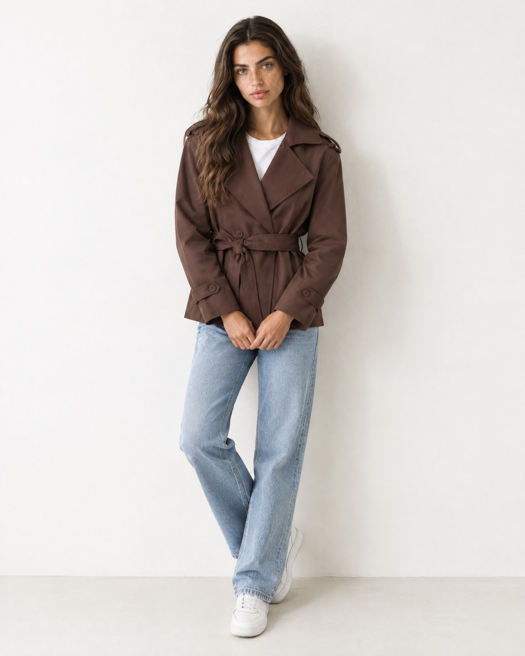 Dark Brown Short Trench Coat Belted Double Breasted