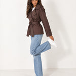 Dark Brown Short Trench Coat Belted Double Breasted