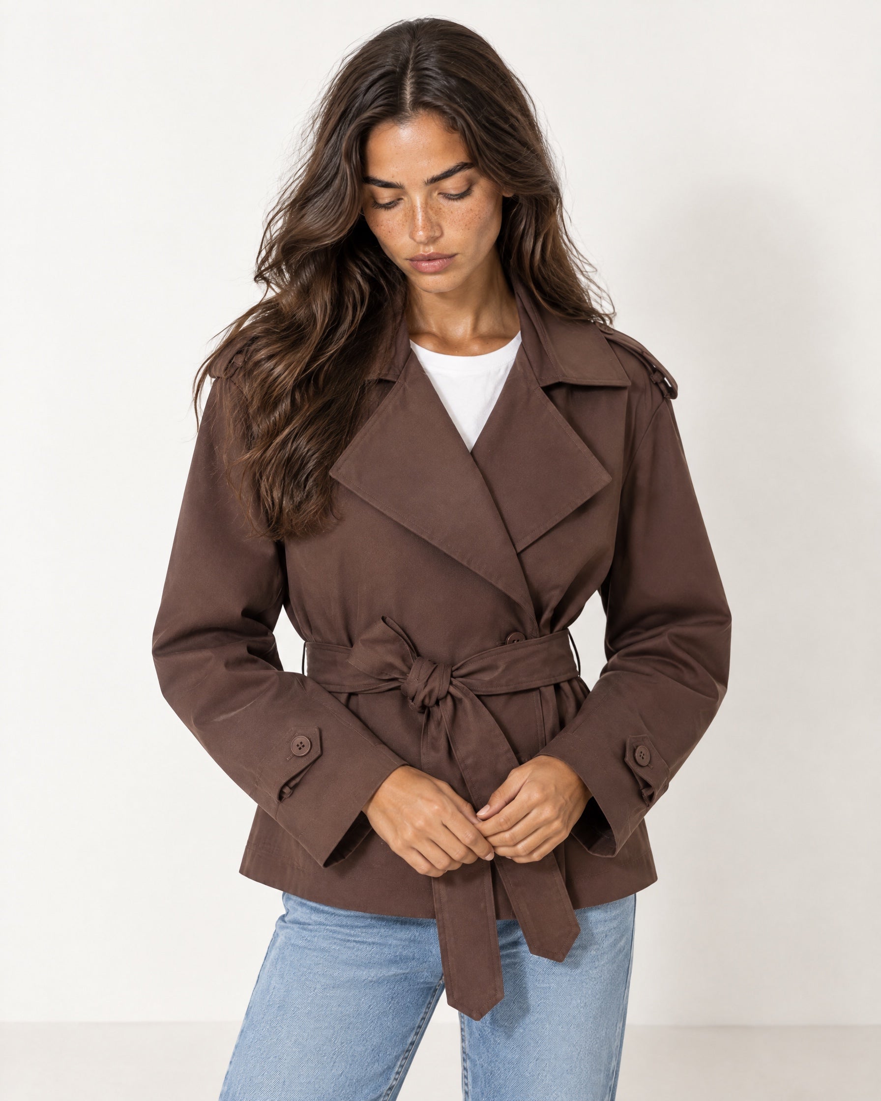 Dark Brown Short Trench Coat Belted Double Breasted