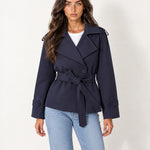 Navy Short Trench Coat Belted Double Breasted