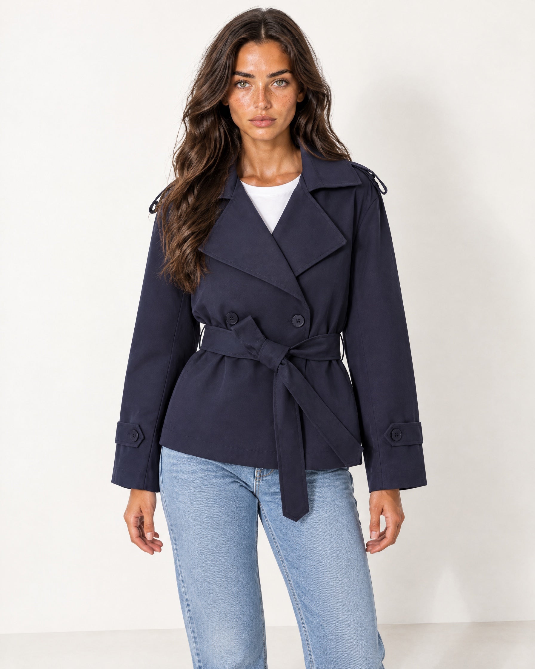 Navy Short Trench Coat Belted Double Breasted