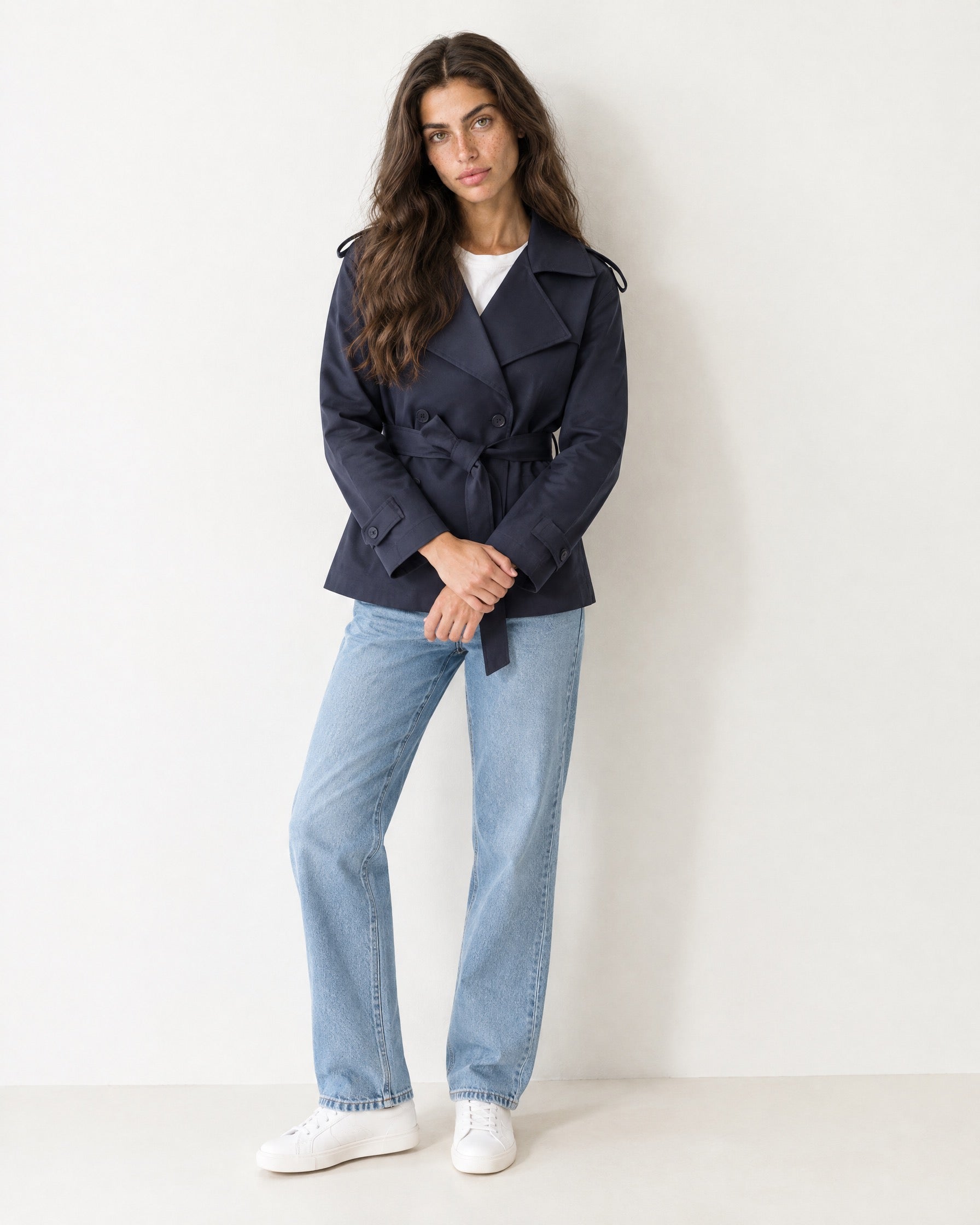 Navy Short Trench Coat Belted Double Breasted