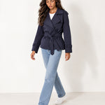 Navy Short Trench Coat Belted Double Breasted